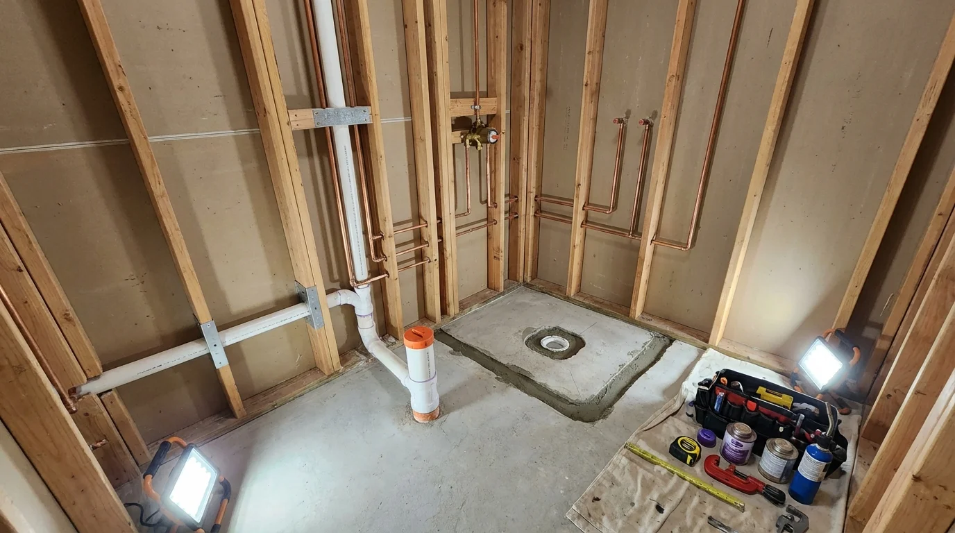 Bathroom rough-in plumbing during remodel by Johns Plumbing LLC in Glen Rose