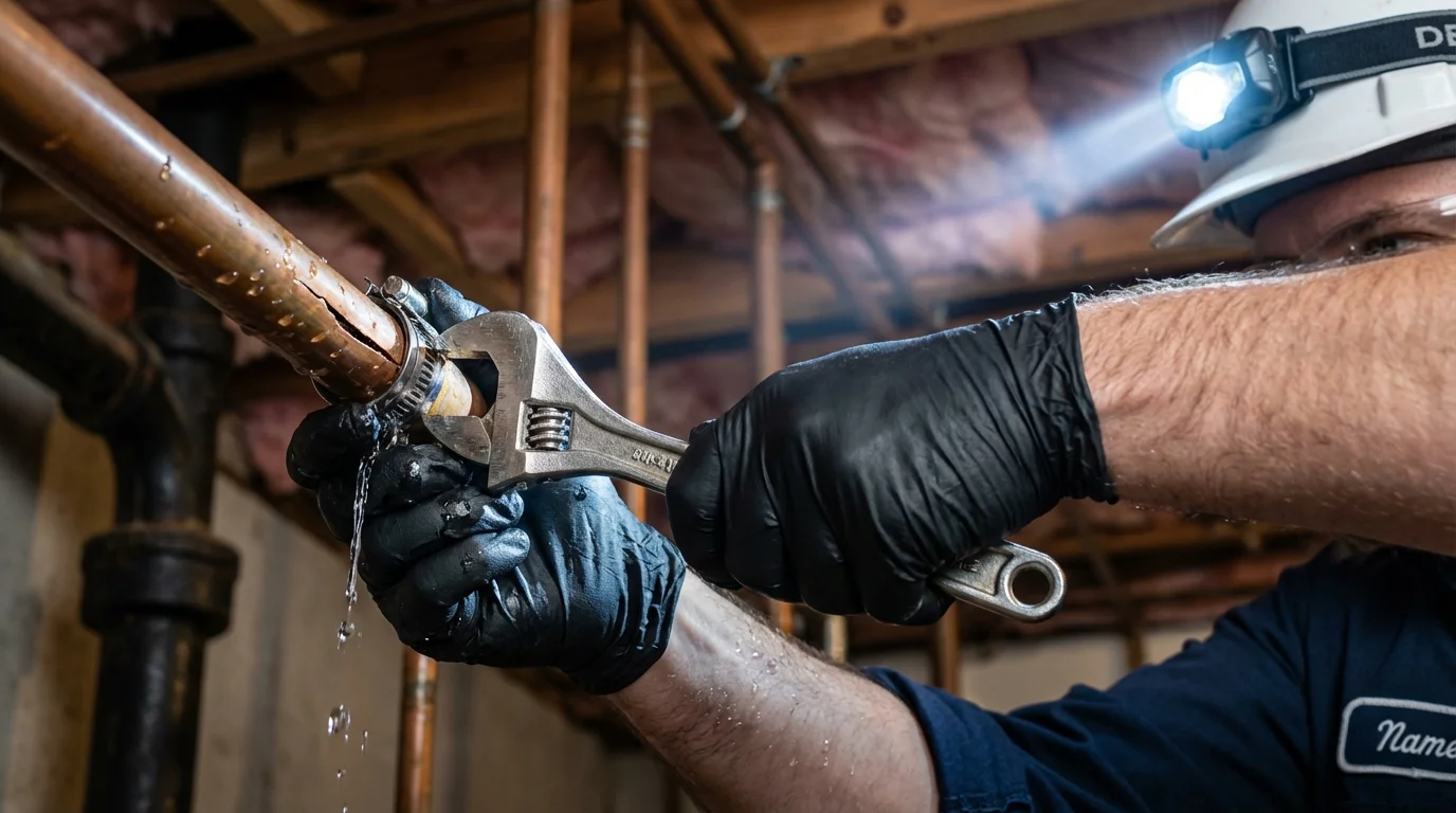Emergency pipe clamp repair being performed by a Johns Plumbing LLC plumber in Glen Rose