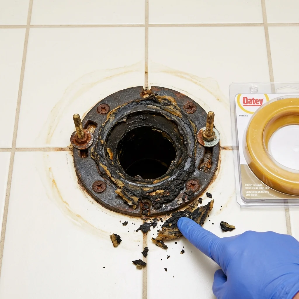 Failed wax ring showing water seepage at the base of a toilet in a Glen Rose, TX home