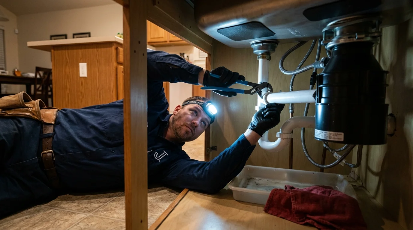 P-trap and supply line connections under a kitchen sink showing a common leak point in Glen Rose, TX